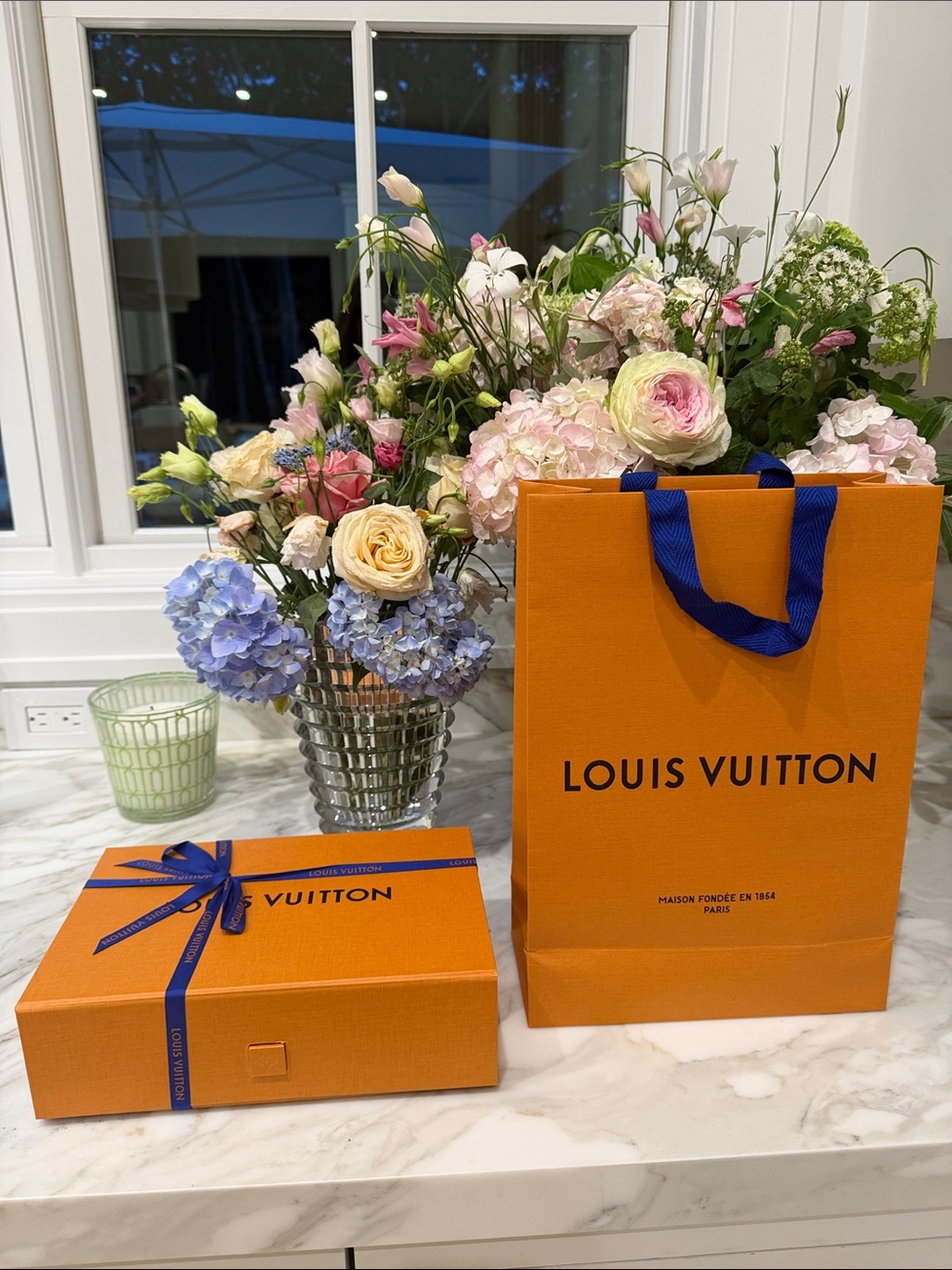 Louis Vuitton Orange Shopping Bag and Box with Blue Ribbon Accent